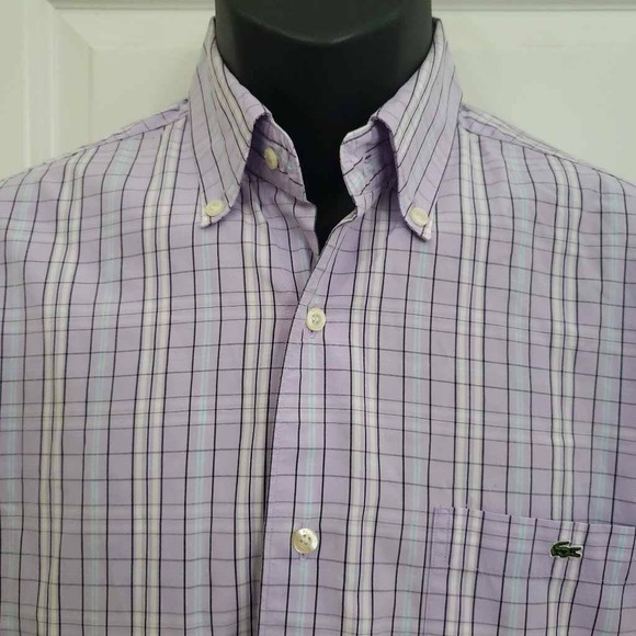 Lacoste Mens Oxford Shirt Purple White Tattersall Long Sleeve 100% Cotton 38 - Picture 2 of 7